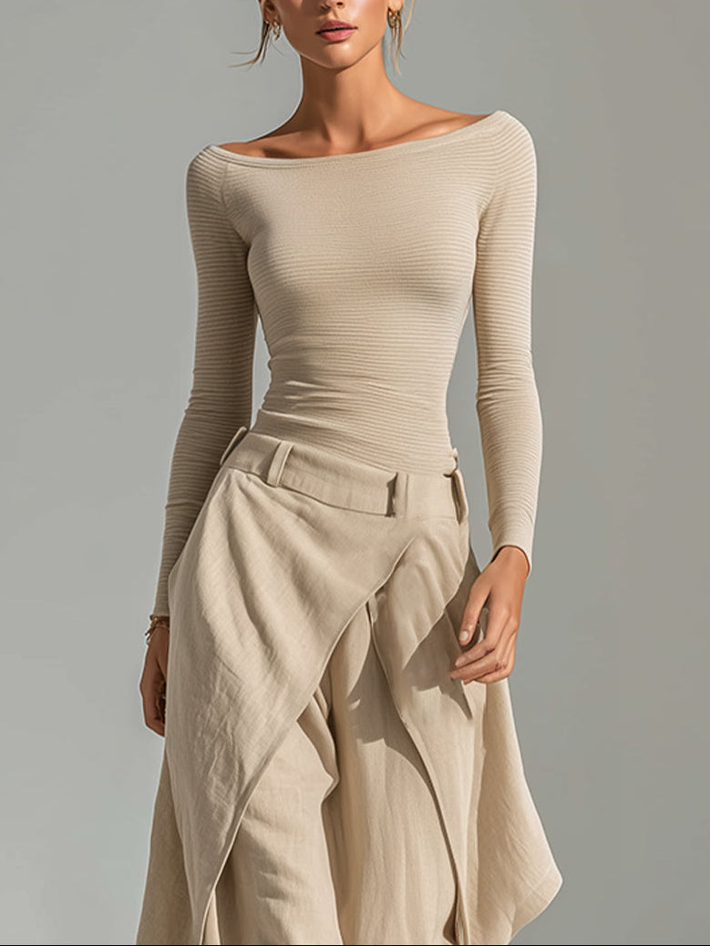 DELPHINE | CONJUNTO DE TOP BEIGE CON ESCOTE BARCO Y PANTALÓN ANCHO DE VOLANTES