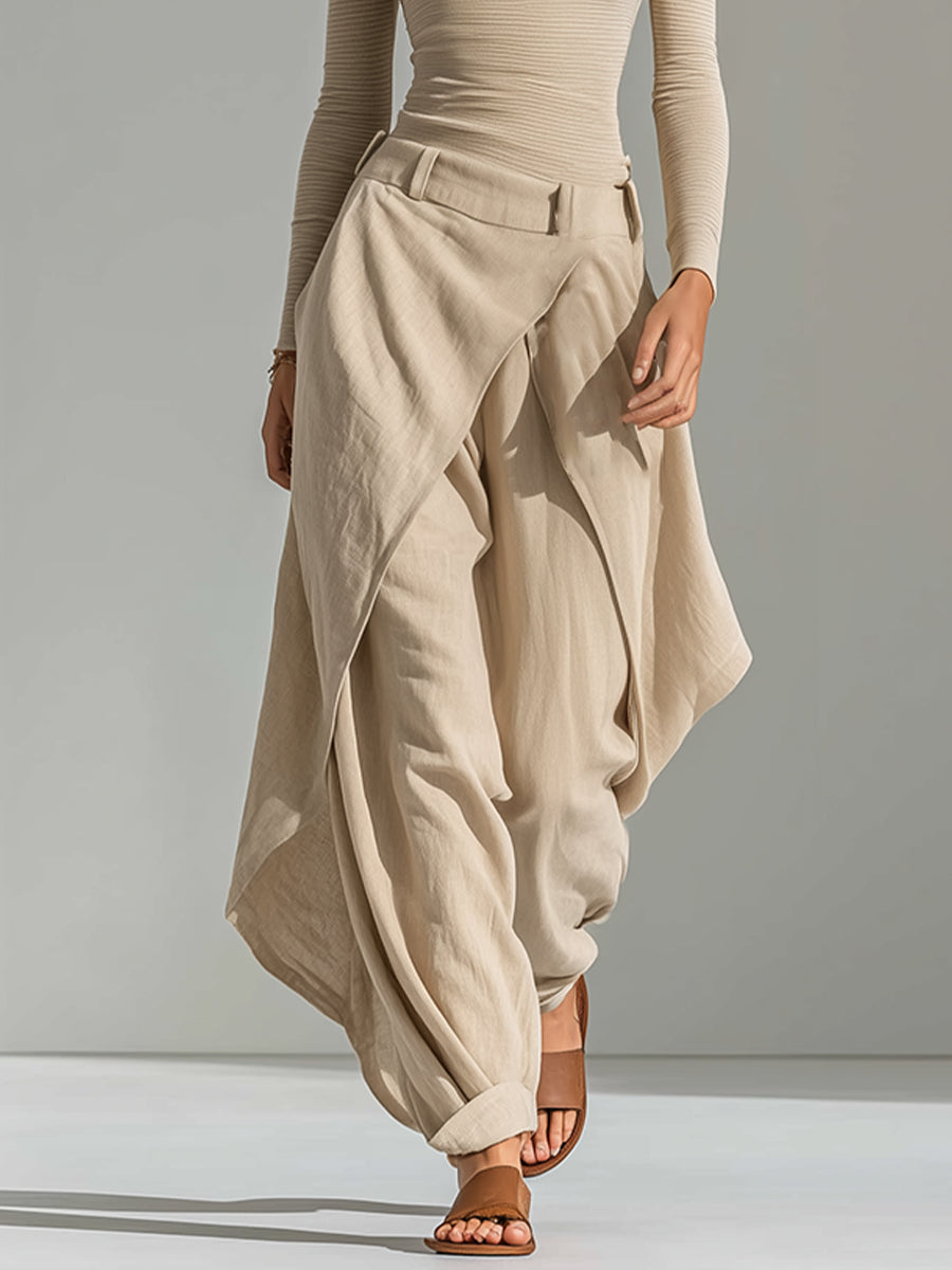 DELPHINE | CONJUNTO DE TOP BEIGE CON ESCOTE BARCO Y PANTALÓN ANCHO DE VOLANTES