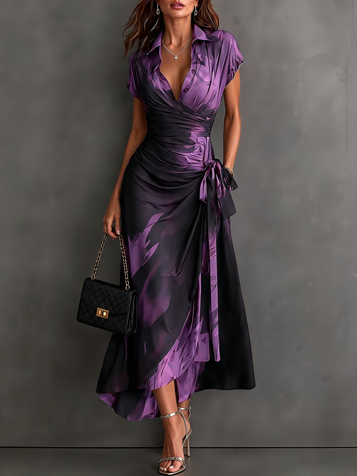 VESTIDO  CRUZADO CON ESTAMPADO ABSTRACTO ROJO Y NEGRO, CUELLO CAMISERO CON ESCOTE EN V, MANGA CORTA, CINTURA ANUDADA Y BAJO ASIMÉTRICO CON VOLANTE