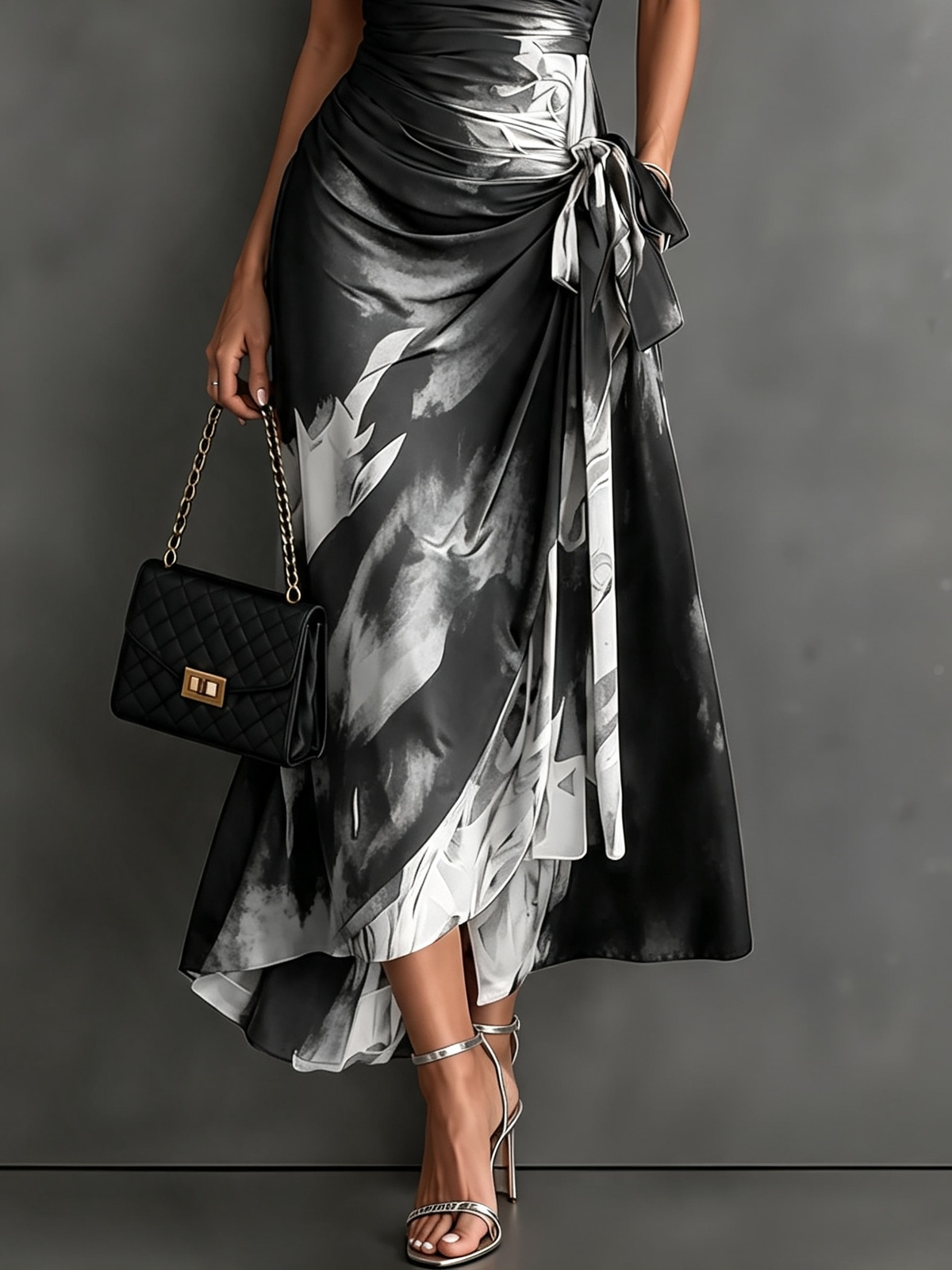 VESTIDO  CRUZADO CON ESTAMPADO ABSTRACTO ROJO Y NEGRO, CUELLO CAMISERO CON ESCOTE EN V, MANGA CORTA, CINTURA ANUDADA Y BAJO ASIMÉTRICO CON VOLANTE