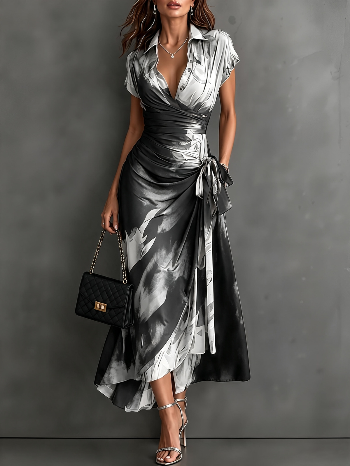 VESTIDO  CRUZADO CON ESTAMPADO ABSTRACTO ROJO Y NEGRO, CUELLO CAMISERO CON ESCOTE EN V, MANGA CORTA, CINTURA ANUDADA Y BAJO ASIMÉTRICO CON VOLANTE