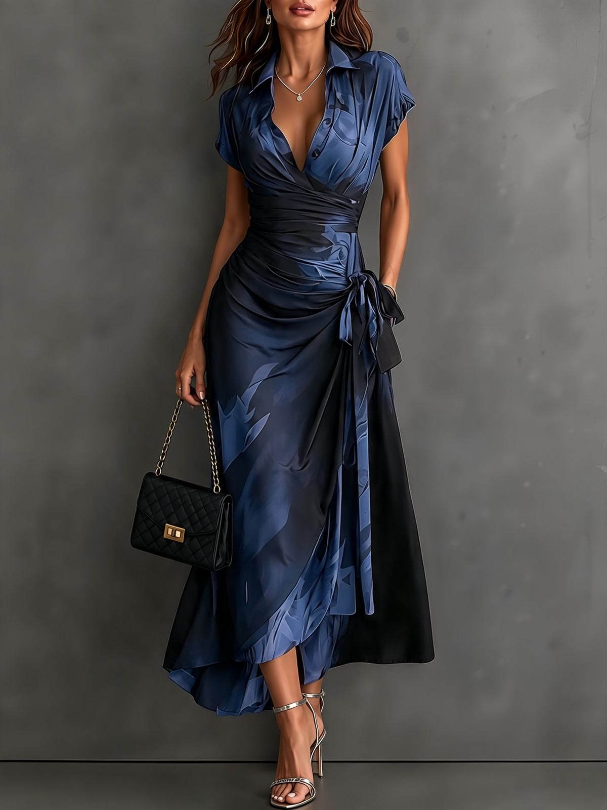 VESTIDO  CRUZADO CON ESTAMPADO ABSTRACTO ROJO Y NEGRO, CUELLO CAMISERO CON ESCOTE EN V, MANGA CORTA, CINTURA ANUDADA Y BAJO ASIMÉTRICO CON VOLANTE