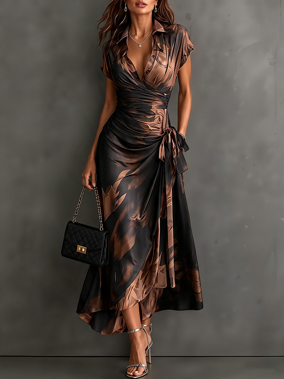 VESTIDO  CRUZADO CON ESTAMPADO ABSTRACTO ROJO Y NEGRO, CUELLO CAMISERO CON ESCOTE EN V, MANGA CORTA, CINTURA ANUDADA Y BAJO ASIMÉTRICO CON VOLANTE