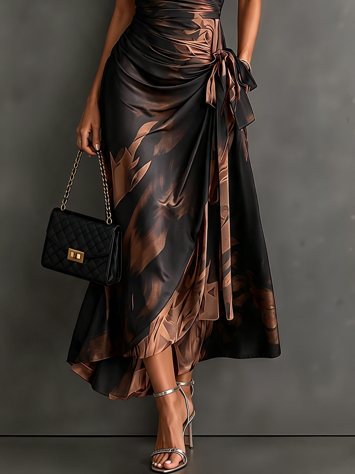 VESTIDO  CRUZADO CON ESTAMPADO ABSTRACTO ROJO Y NEGRO, CUELLO CAMISERO CON ESCOTE EN V, MANGA CORTA, CINTURA ANUDADA Y BAJO ASIMÉTRICO CON VOLANTE