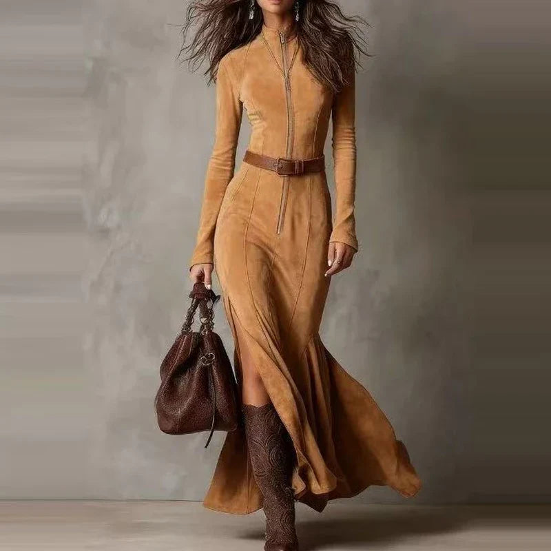 MALENA | VESTIDO LARGO EFECTO ANTE CON CINTURÓN