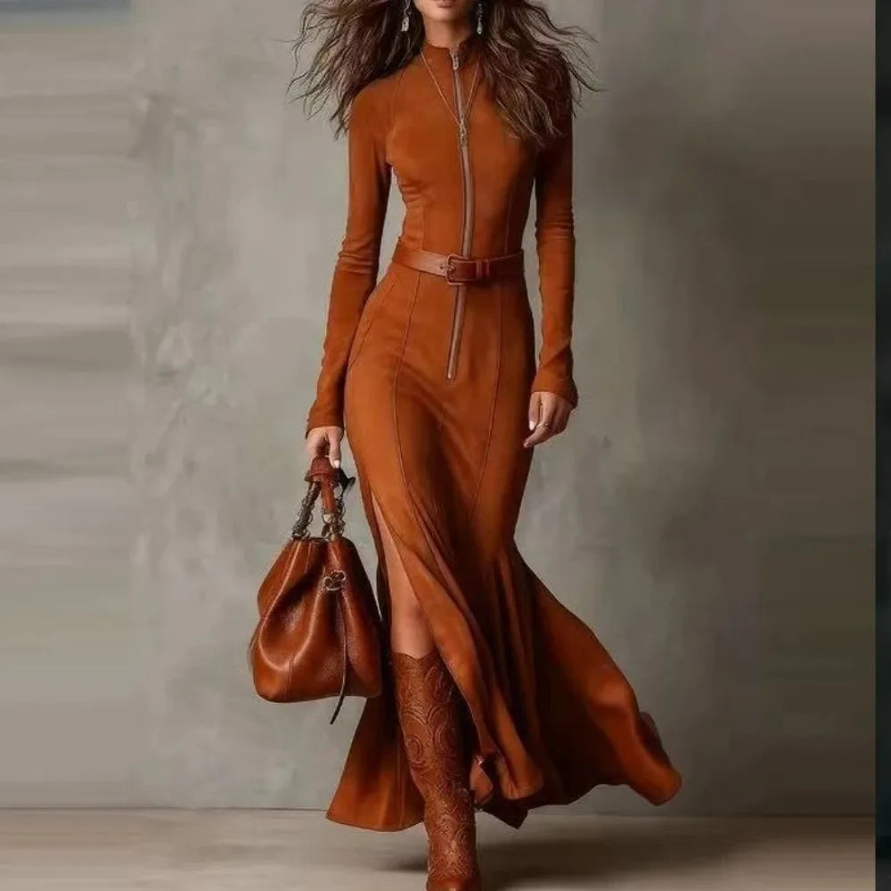 MALENA | VESTIDO LARGO EFECTO ANTE CON CINTURÓN
