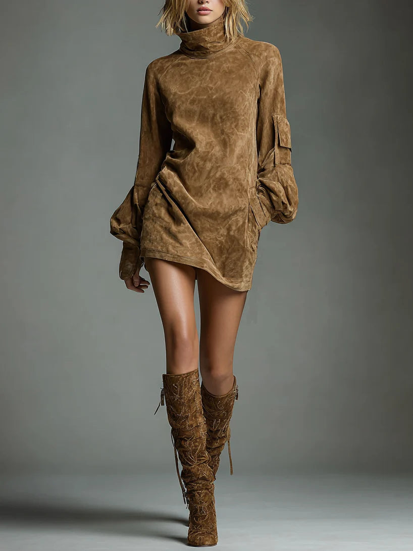 ROMY | VESTIDO CORTO VINTAGE DE ANTE SINTÉTICO CON CUELLO ALTO