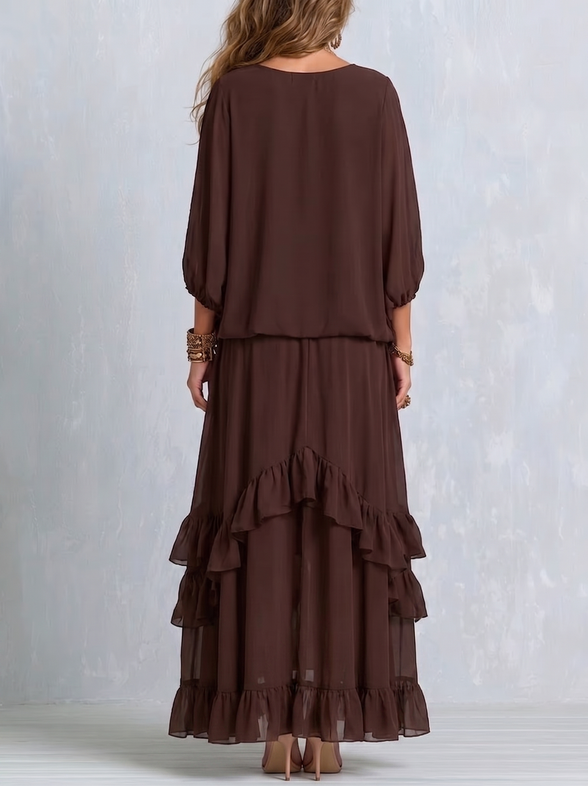 ONDINE | CONJUNTO MARRÓN DE TOP DE GASA CON FLECOS Y FALDA DE VOLANTES