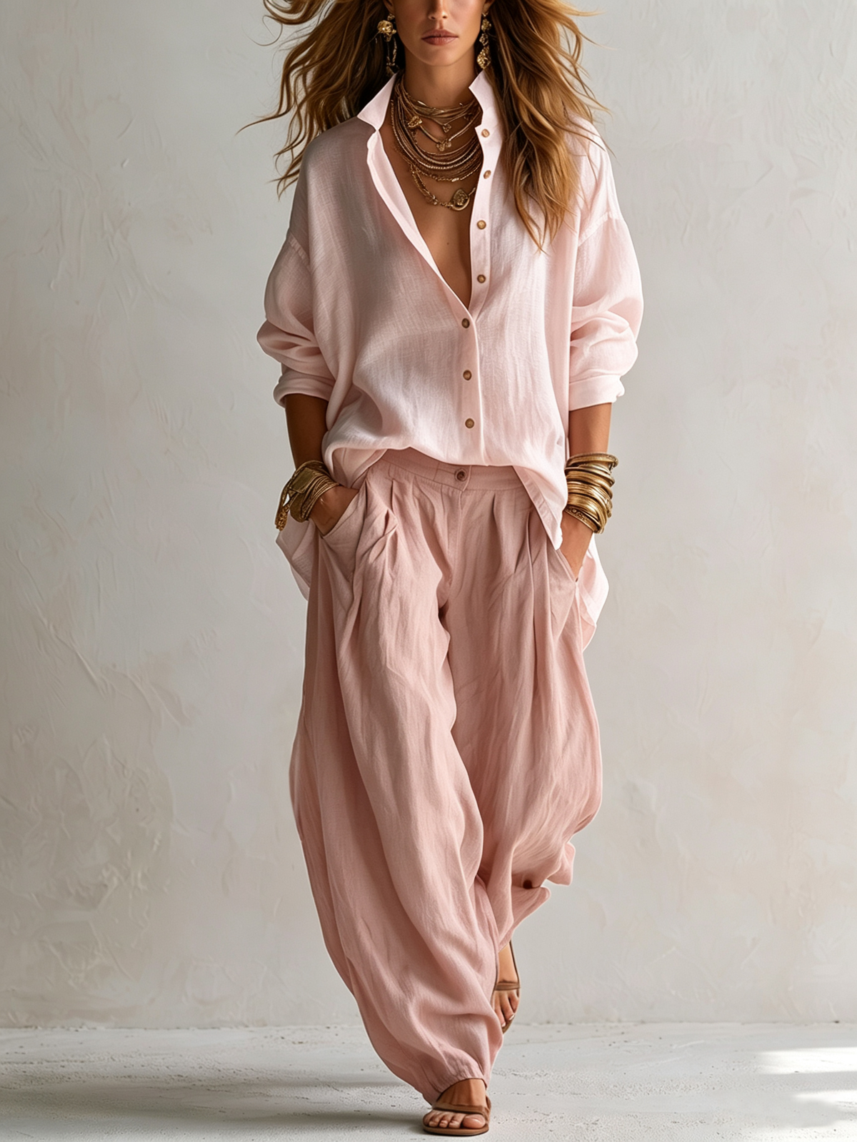 CAPUCINE | CAMISA BLANCA HOLGADA Y PANTALÓN BOMBACHO VERDE OLIVA