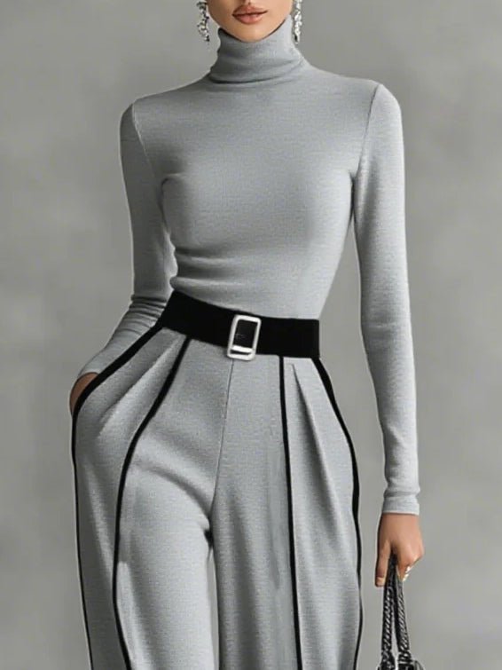 ADÈLE | CONJUNTO DE CUELLO ALTO CON RIBETES BLANCOS Y PANTALÓN ANCHO