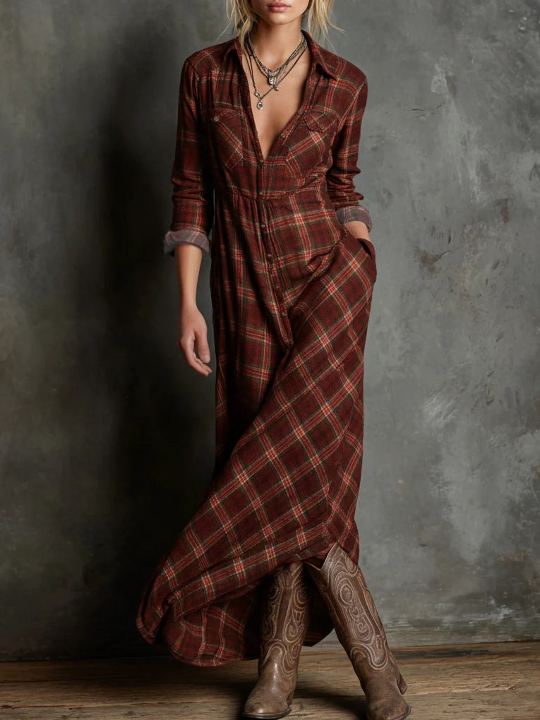 MARGAUX | VESTIDO CAMISERO LARGO DE CUADROS VICHY VERDES
