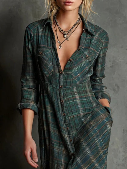 MARGAUX | VESTIDO CAMISERO LARGO DE CUADROS VICHY VERDES
