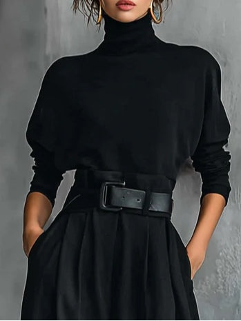 NOËLLA | CONJUNTO NEGRO DE TOP DE CUELLO ALTO Y PANTALÓN RECTO