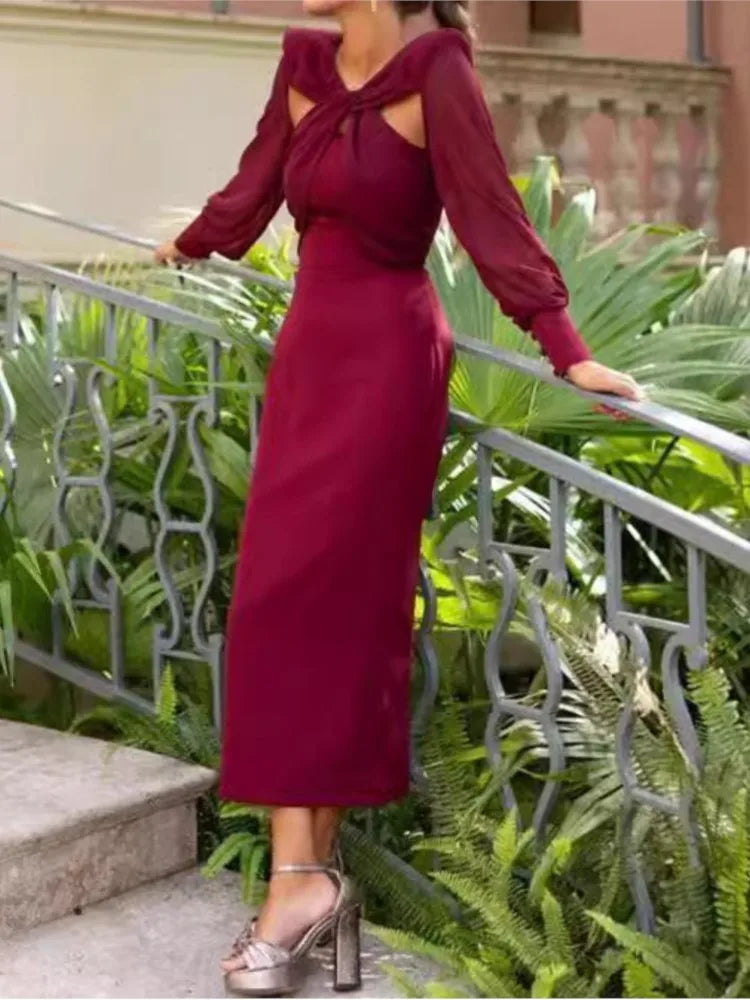 ELENA | VESTIDO LARGO BURDEOS CON DETALLE ANUDADO